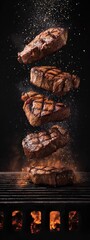 juicy grilled steaks being grilled on a searing flame grill . aspect ratio 3:8