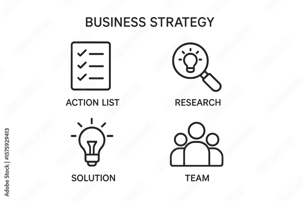 Poster business strategy outline icon set for success. thin line vector icons collection including action l