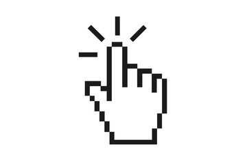 Pixel hand cursor clicking. Computer mouse pointer icon. Click symbol for web interface. Finger press gesture. Vector graphic for UI UX design. Digital technology sign.