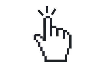 Click cursor icon. Computer mouse pointer symbol. Hand pointer clicking finger. Pixel art style for web design. User interface element. Vector graphic isolated on white.