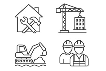 Construction and building icon set in thin line style. Vector symbols for web and mobile app. Home repair, renovation, crane, excavator, worker, engineer, teamwork concept.