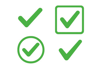 Green check mark vector icon set. Simple tick symbol collection for approval, acceptance, and success. Correct choice, vote, and checklist design element. Flat illustration.