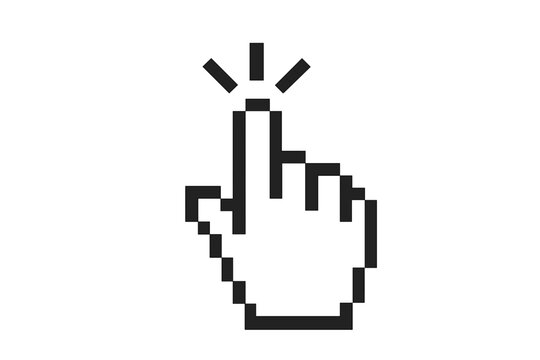 Hand cursor pointer icon in pixel style. Clicking finger. Computer mouse click symbol. Press or select button for web. Vector illustration isolated on white background.