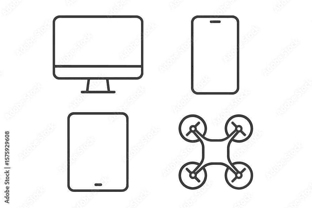Fototapete Device line icon set. Web and mobile app UI elements. Electronic gadgets. Includes computer monitor, smartphone, tablet, drone symbols. Minimalist vector pictogram collection.
