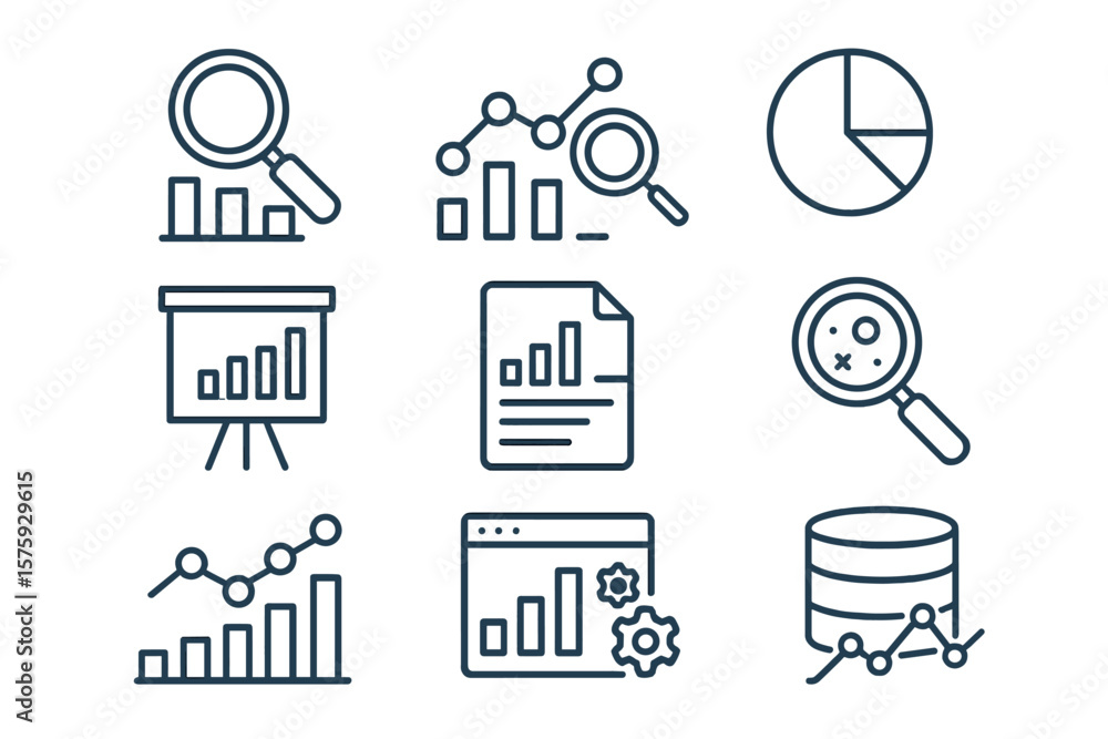 Aufkleber data analytics icon set for business intelligence and marketing research. thin line icons for data a