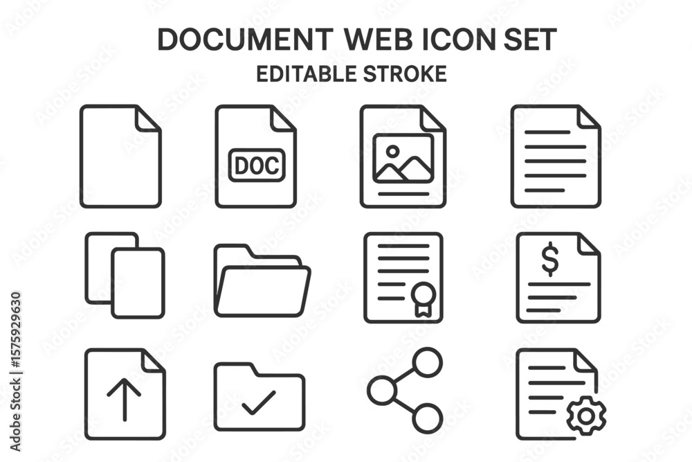 Aufkleber document web icon set. file linear icons collection. editable stroke. includes files, format, image,