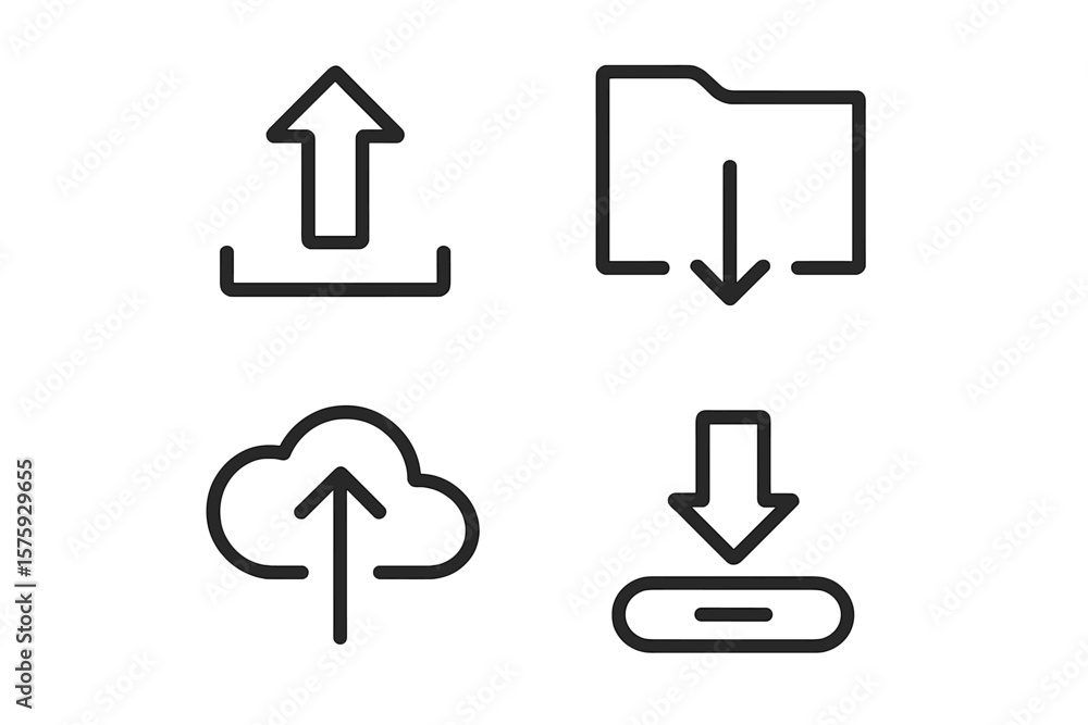 Poster upload download icon set. web linear symbols. cloud storage. data transfer. save file to folder. arr