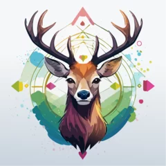 Ingelijste posters Majestic Deer Head, Vibrant Geometric Mandala, Watercolor Style, Serene Nature, Spiritual Animal Portrait © sabraj
