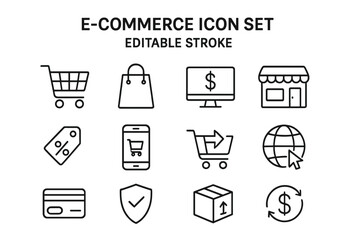 E-commerce icon set. Online shopping thin line icons collection for web, app UI. Vector symbols of retail, finance, payment, delivery, sale, store, cart, checkout. Editable stroke.