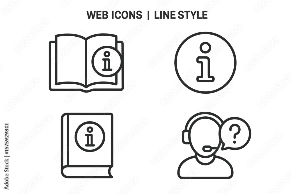 Poster information and help desk line icon set. customer support, user manual, instruction guide vector ico
