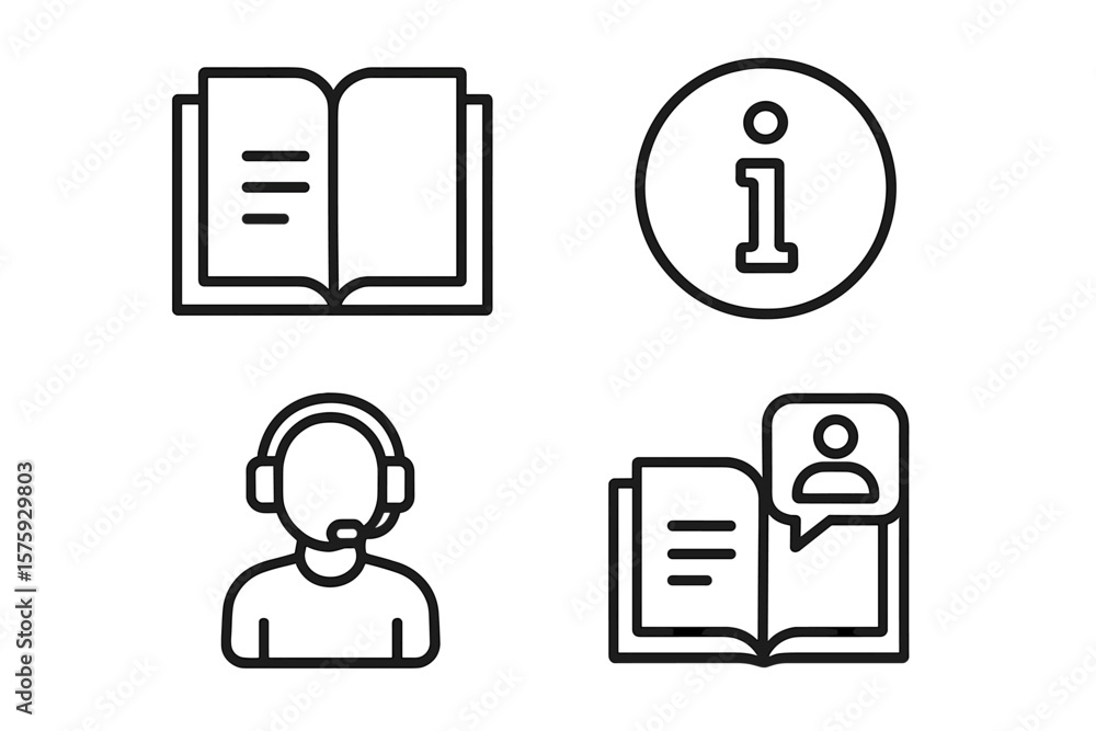 Poster line style web icons set for information and help desk – user manual, guidebook, reference, instruct