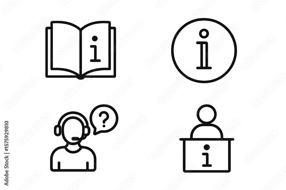 Poster information and help desk line icon set. customer service, user manual, and contact support symbols.
