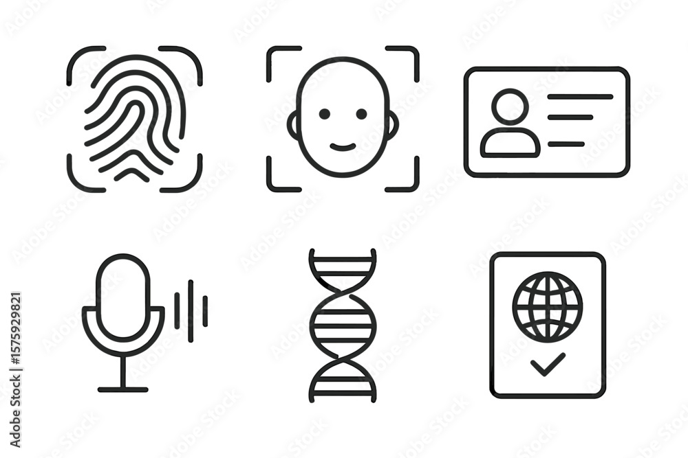 Poster identity verification icon set. biometric authentication outline pictograms for web and mobile. fing
