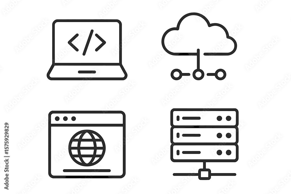 Poster modern information technology icons set: coding laptop, cloud network, web browser, server rack, lin