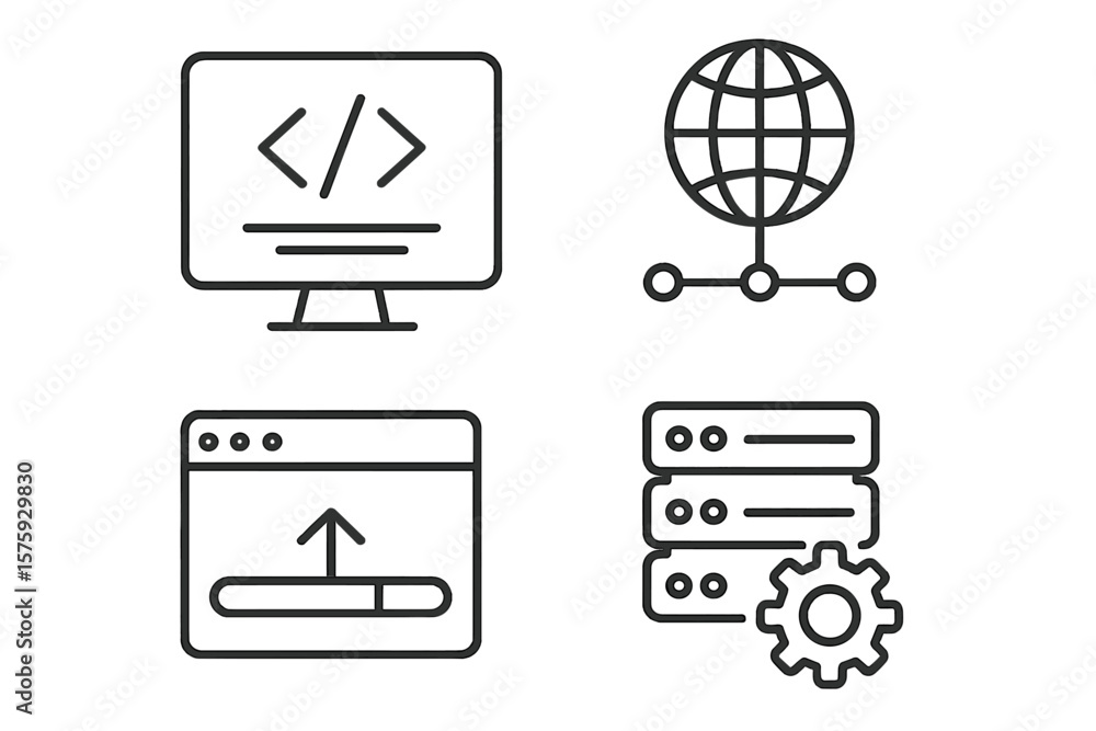 Poster web development and it technology line icons set: programming, network, website upload, server confi