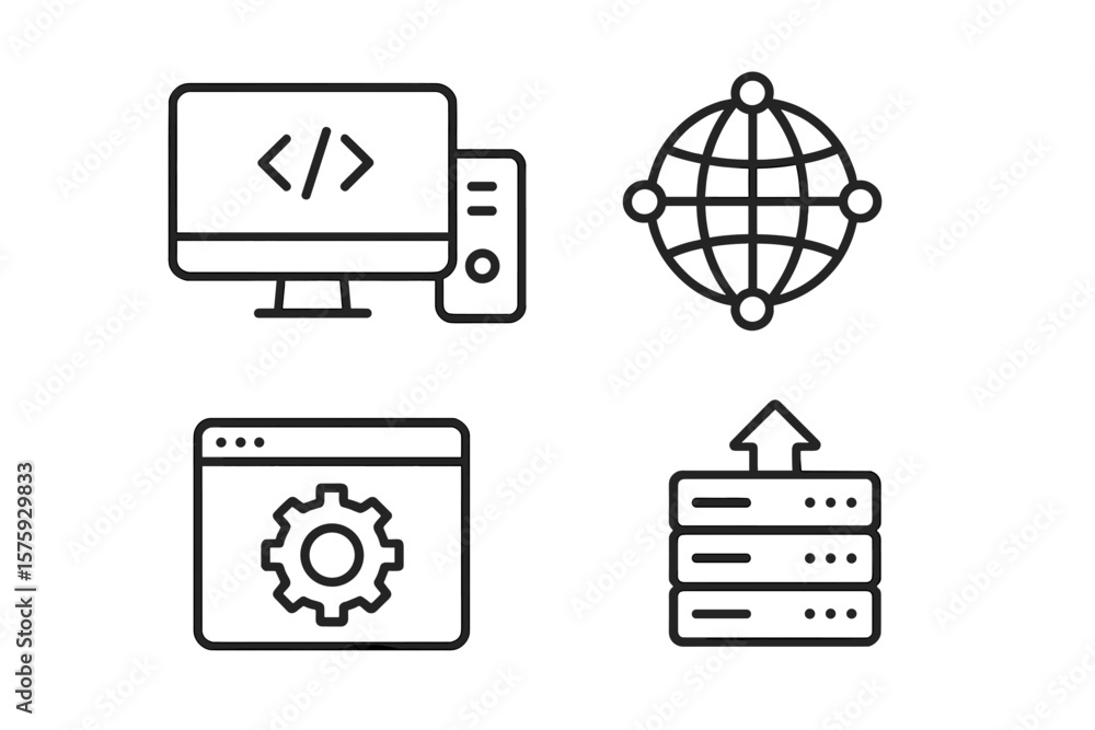 Poster web development and technology line icons set. coding, programming, network, internet, website manag