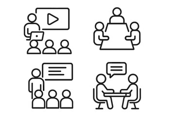 Business meeting and webinar icon set. Line style vector. Conference, classroom training, team discussion, job interview, online seminar, communication, teamwork, presentation