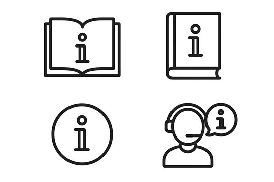 Information Help Desk Icons Set. Line Style Web Icons: Info Symbol, User Manual, Instruction Book, Guidebook, Reference, Customer Support, FAQ, Assistance, Knowledge Base