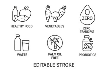 Healthy Food Nutrition Icons Set. Line Style Vector Collection. Healthy Food, Vegetables, Water, Zero Trans Fat, Palm Oil Free, Probiotics, Editable Stroke, Diet Symbols