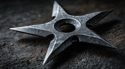 Shuriken Ninja Star on dark surface: Close-up of a lethal shuriken ninja star with four sharp points, showcasing the craftsmanship and mystery in the shadows.