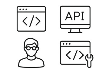 Programming and Coding Line Icons Set. Web Development, API, Code, Programmer, Developer, Software Tools, Information Technology, Web and Mobile App, Editable Vector Illustration