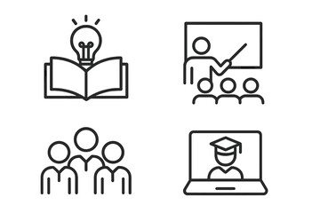 Linear Style Education Icons Set. Knowledge, Learning, Classroom, Students, Teacher, Online Education, Graduation, School, Back to School, E-Learning, Group Study, Academic Success