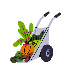 Wheelbarrow is full of vegetables. Wheel barrow, farm cart, farming tool for carrying. Autumn harvest of different agriculture crops. Flat isolated hand drawn vector illustration on white background © Paper Trident