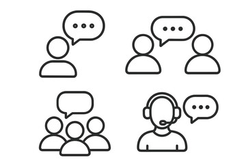 Communication and Discussion Line Icons Set – People, Speech Bubble, Teamwork, Customer Support, Group Conversation, Dialogue, Chat, Talking, Web and Mobile App, Outline Vector
