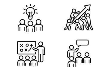 Teamwork and Leadership Workshop Icons Set. Line Style Business Vector Illustrations. Team Building, Coaching, Collaboration, Strategy, Communication, Meeting, Management, Success.