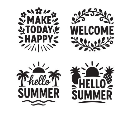 Four decorative summer themed graphic designs with positive messages isolated on white background.