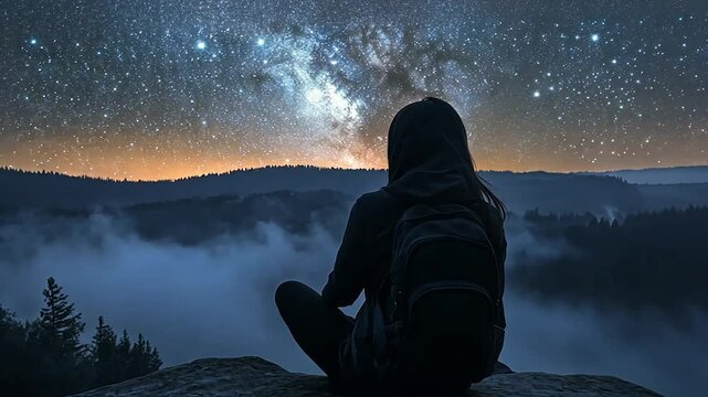 Person sits on a rock gazing at a starry night sky over a misty mountain range