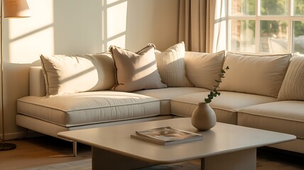 Cream sectional sofa with pillows and coffee table image