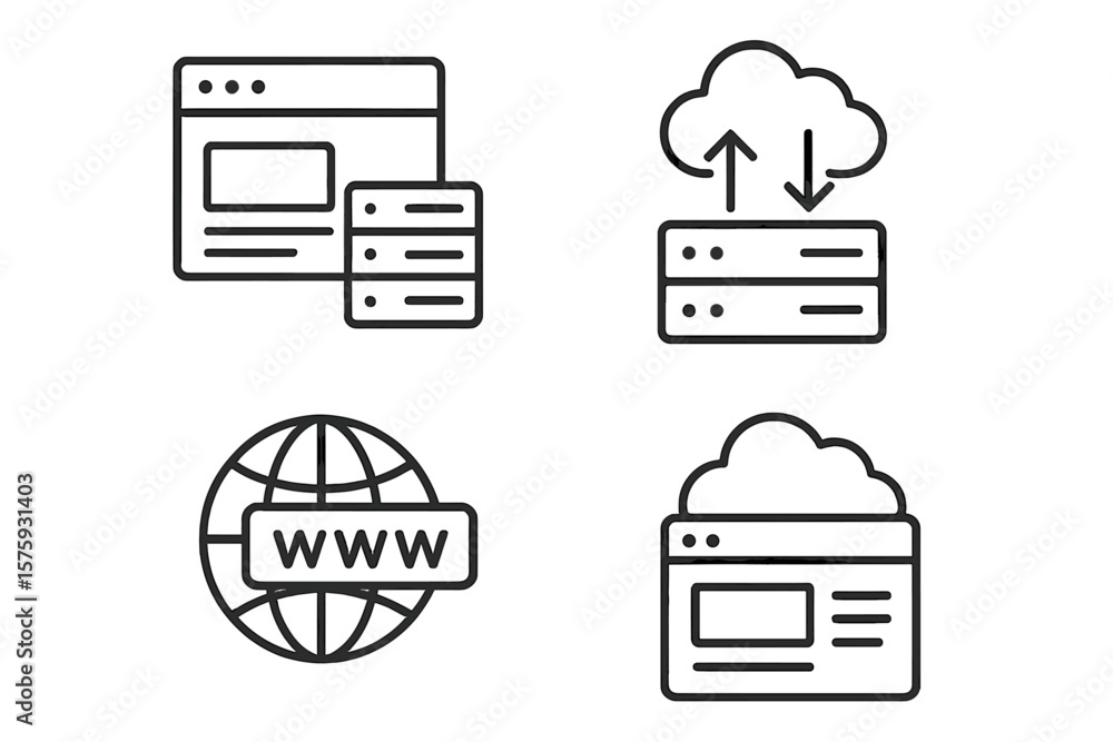 Poster web hosting and cloud computing line icons set. server, data exchange, cloud storage, website, domai