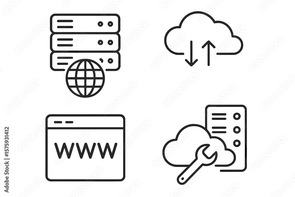 Poster web hosting and cloud computing line icons set. server, domain, website, cloud storage, data exchang
