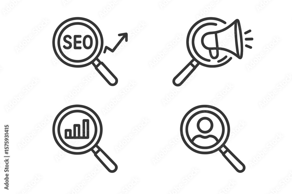 Poster web icons collection. seo analysis, marketing research, data statistics, user search. magnifying gla