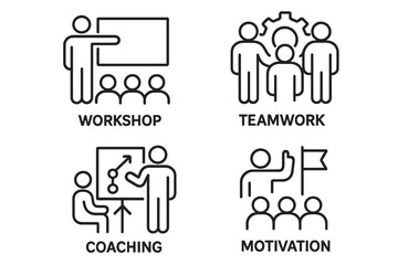 Workshop, Teamwork, Coaching, Motivation Line Icons Set. Business Training, Team Building, Leadership, Employee Development, Group Meeting, Corporate Skills, Collaboration, Success Concept