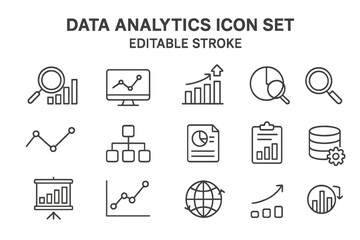 Data analytics line icon set. Business analysis, statistics, research, marketing signs. Vector chart, graph, diagram, report, infographic elements. Editable stroke. Finance.