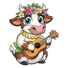 Cute cow playing ukulele with flower crown