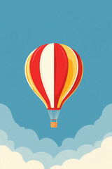 Colorful hot air balloon with red and yellow stripes floating above the clouds in a blue sky