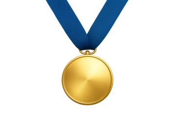 Gold medal with blue ribbon isolated on transparent background.