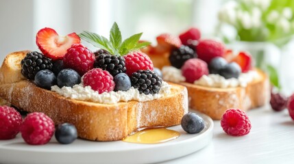 Deliciously Beautiful Plate of Fresh Fruit Served with Creamy Topping