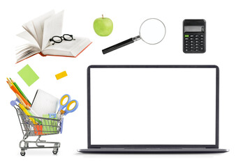 Stationery set with laptop and green apple.  the concept. back to school. isolated on a transparent background