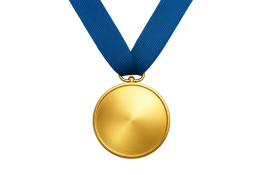Gold medal with blue ribbon isolated on transparent background.