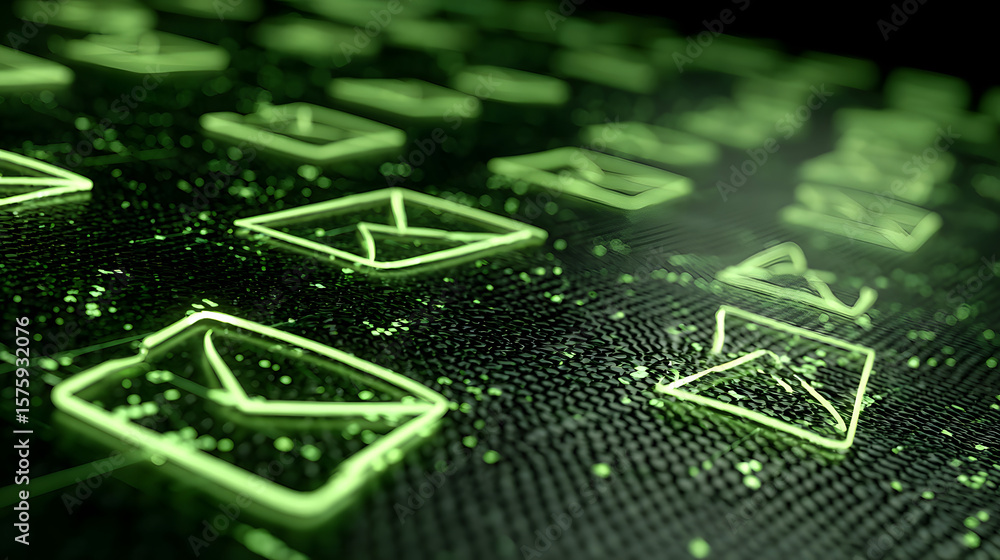 Poster green electronic mail envelopes background depicts communication technology with digital network for