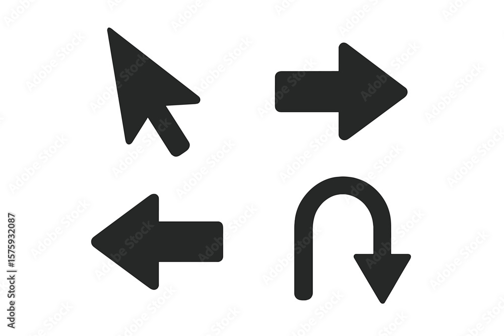 Poster arrow icon set. black flat vector symbols. cursor, pointer for navigation. next, previous, back, ret