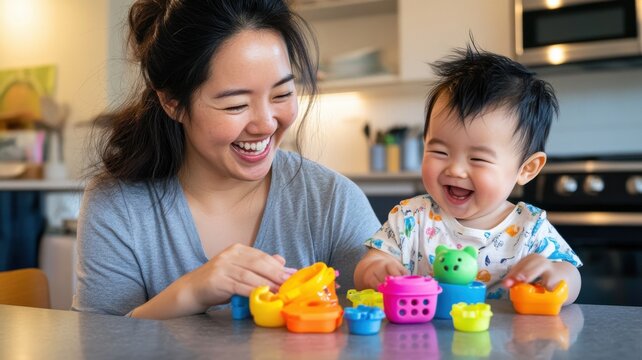 Young Asian mother and toddler enjoy bonding time with silicone food toys at a modern grey-toned kitchen breakfast bar