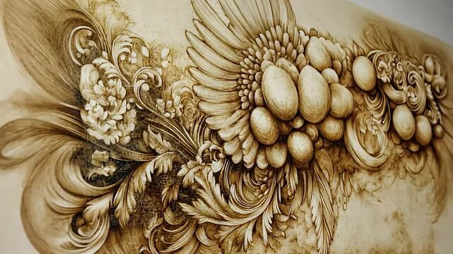 Ornate, textured design with floral and sculptural elements