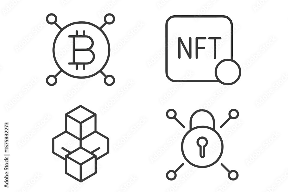 Poster cryptocurrency and blockchain technology vector icon set. thin line style symbols for web and mobile