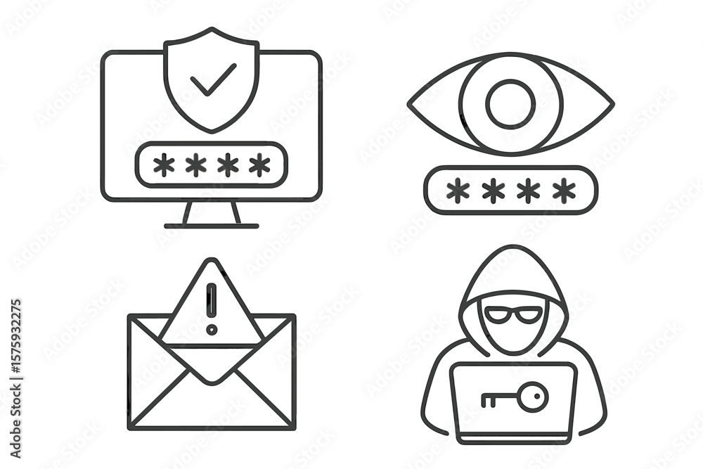 Poster cyber security thin line icon set. internet data protection, network safety, password security, and 