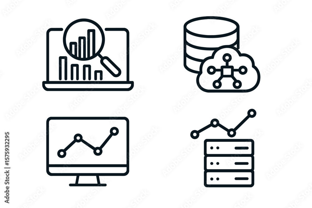 Aufkleber data analytics icon set. thin line style web icons for mobile app. big data analysis, cloud database